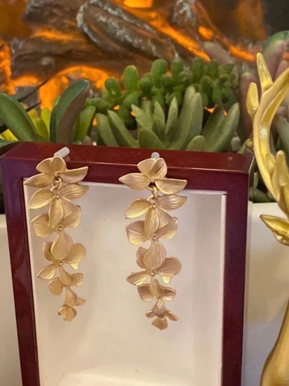 Hawaiian Lei Flower Golden Dangle Earrings